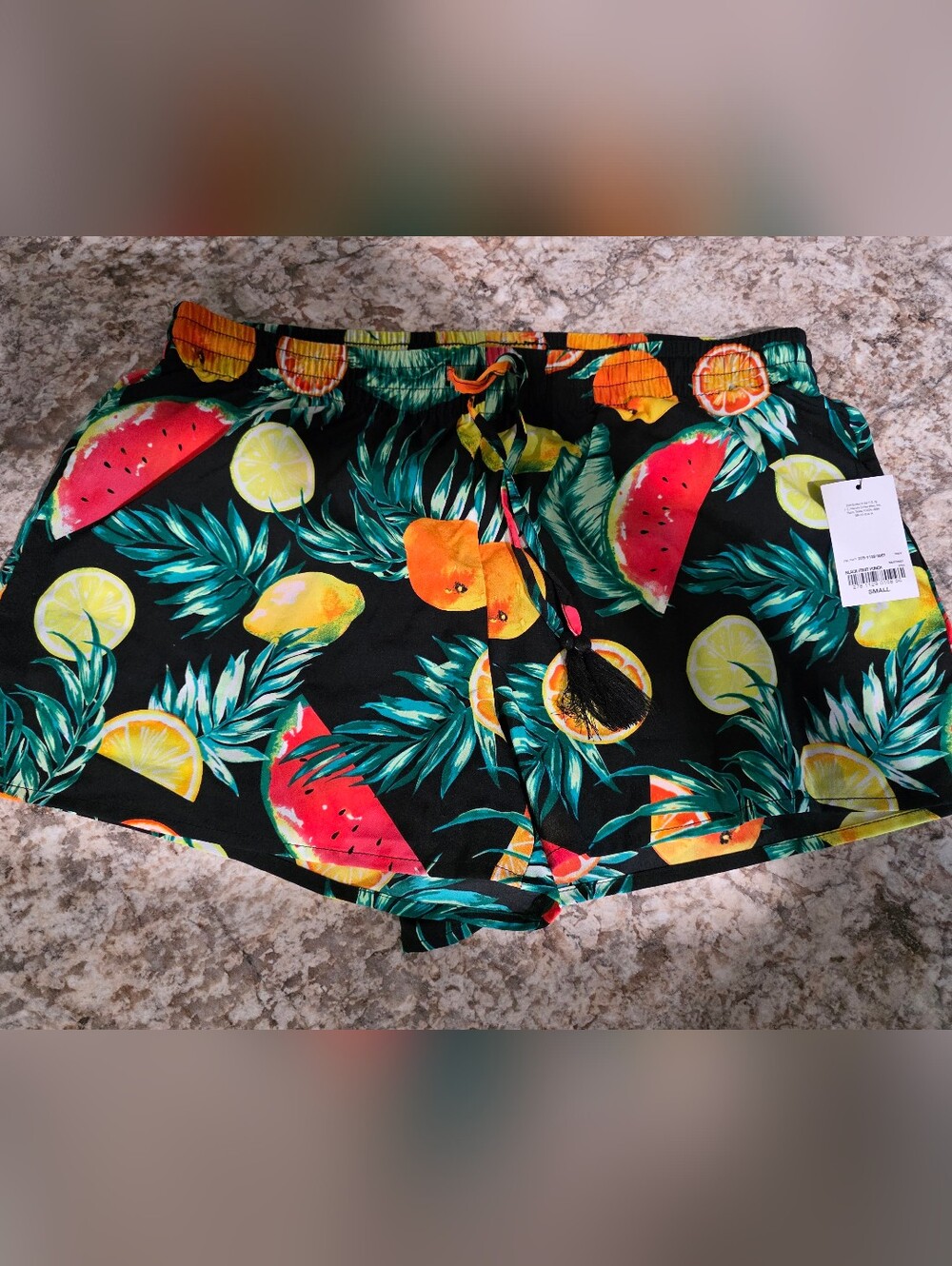 City Streets Tropical Fruit Drawstring Shorts - Black NWT S